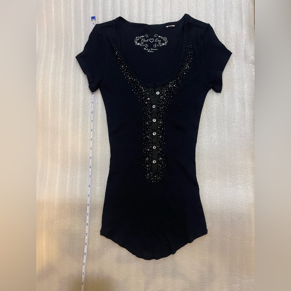 New Era Black Short Sleeve Ribbed Henley Top – Juniors Medium - Picture 7 of 14